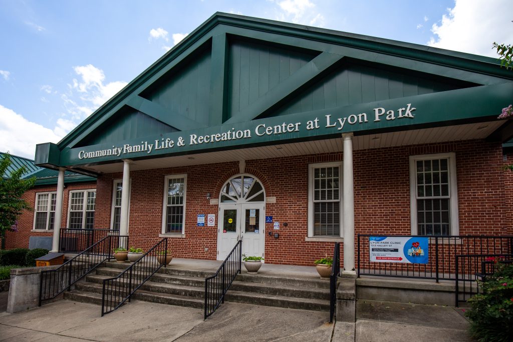 Photo of the front door of the Community Family Life & Recreation Center at Lyon Park