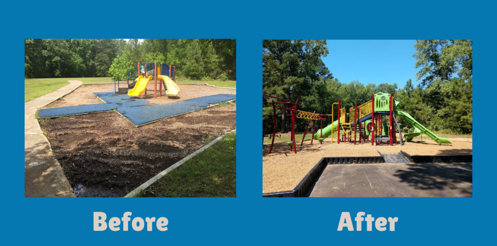 Before and after photo of the playground in the park. The playgound has been greatly expanded with many new, colorful features