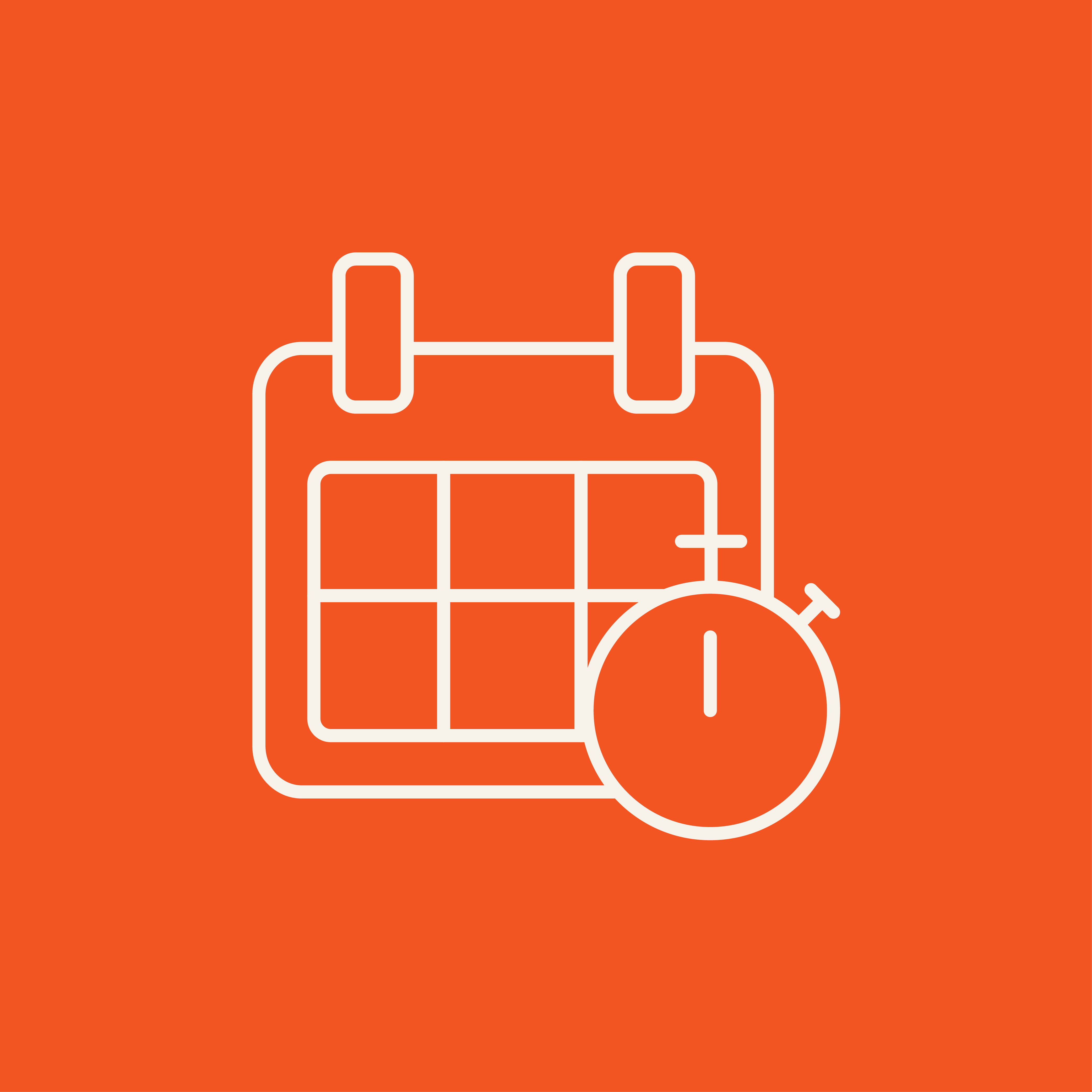 An outline of a calendar and a stopwatch in white on orange background.